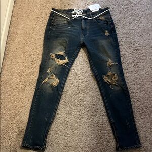 Fashion Nova Dark Blue Distressed Skinny Jeans